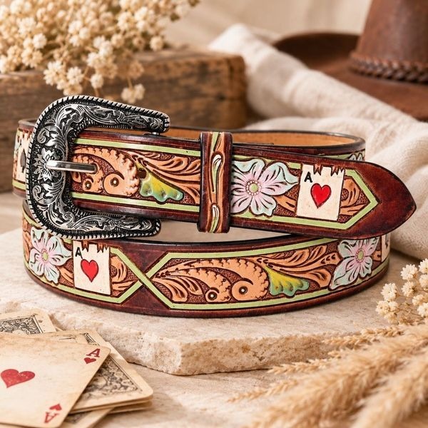 Genuine Leather Western Tooled Ace of Hearts Floral Belt Mens Womens Unisex Sz L
