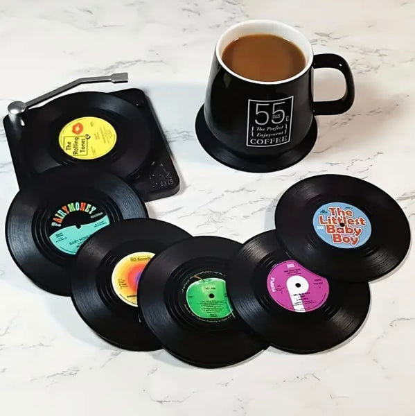 Vinyl Record Coasters for Drinks Retro Disk Coaster with Holder Set of 6 New