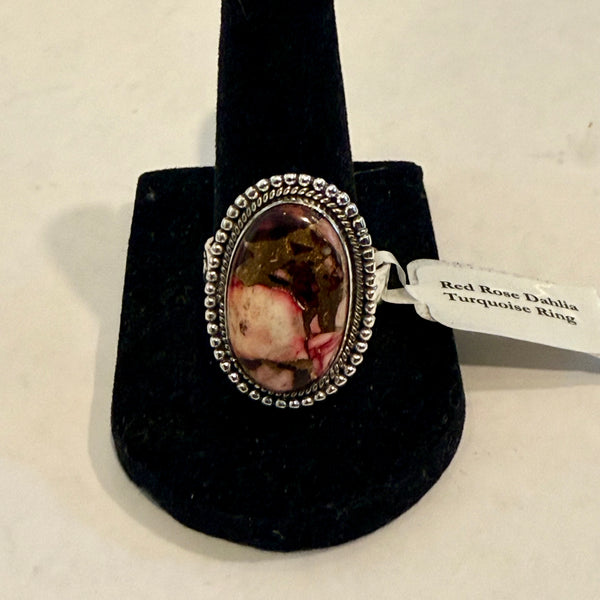 Southwestern Pink Rose Dahlia Turquoise Oval Beaded Ring Sterling Silver New