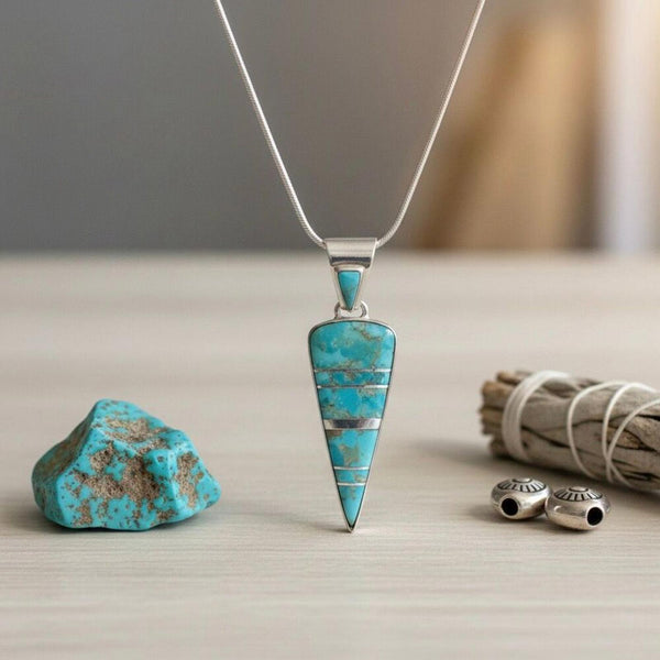 Southwestern Sterling Silver Turquoise Inlay Triangle Pendant Arrowhead Necklace