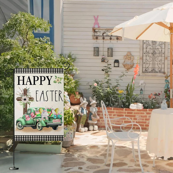 Happy Easter Garden Flag 12X18 Inch Double Sided Buffalo Plaid with Truck Cross