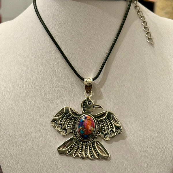 Pink Dahlia Turquoise Thunderbird Necklace Southwestern Pendant Sterling Silver
