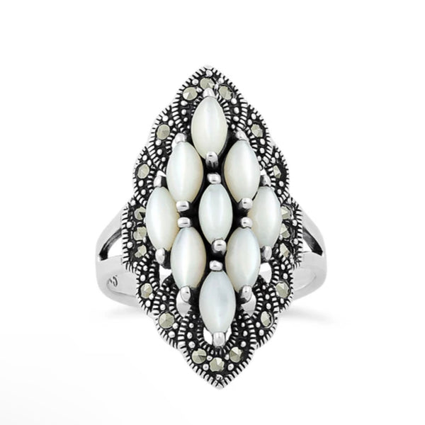 Sterling Silver Mother of Pearl Marquise Marcasite Ring Size 6 New