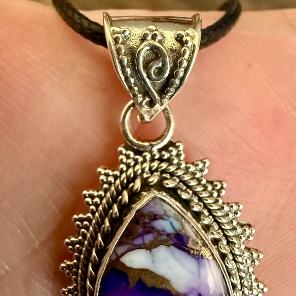 Southwestern Purple Copper Dahlia Turquoise Teardrop Pendant Sterling Silver