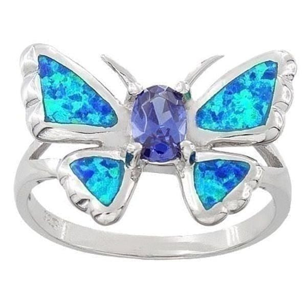 Sterling Silver Lab Opal Butterfly Tanzanite CZ Ring Size 6