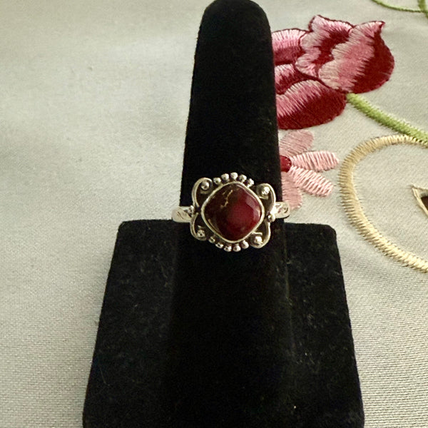 Southwestern Red Rose Dahlia Turquoise Dainty Square Ring Sterling Silver Size 5