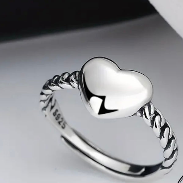 Sterling Silver Heart Ring Womens Cute Design Adjustable Swirl Band New