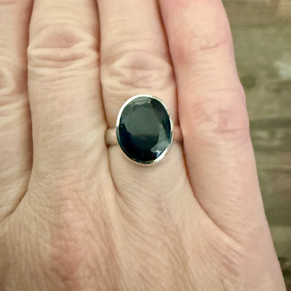 Ancient Navy Blue Roman Glass Stone Faceted Oval Ring Sterling Silver Size 6 New