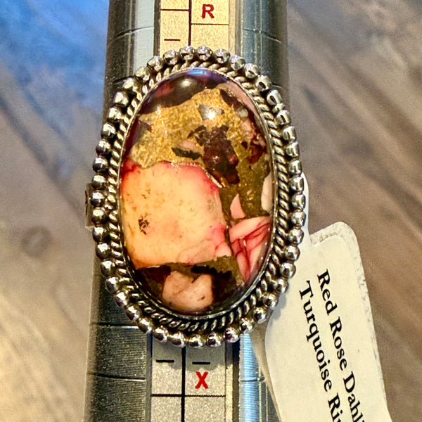 Southwestern Pink Rose Dahlia Turquoise Oval Beaded Ring Sterling Silver New