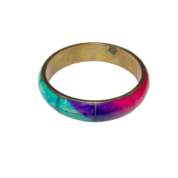 Vintage 70’s Style Vibe Chunky Brass Bangle Womens Casual Rainbow Boho Bracelet