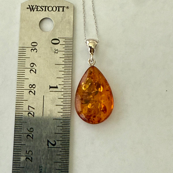 Natural Cognac Baltic Amber Teardrop Pendant Necklace Sterling Silver New