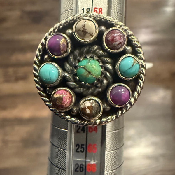 Southwestern Multi Turquoise Adjustable Round Sterling Silver Ring Artisan Made