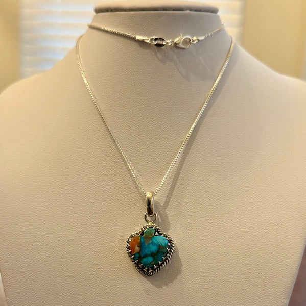 Southwestern Spiny Copper Oyster Spade Heart Pendant Necklace Sterling Silver