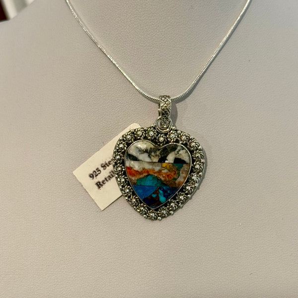 Southwestern Multi Turquoise Heart Pendant Necklace Floral Sterling Silver New