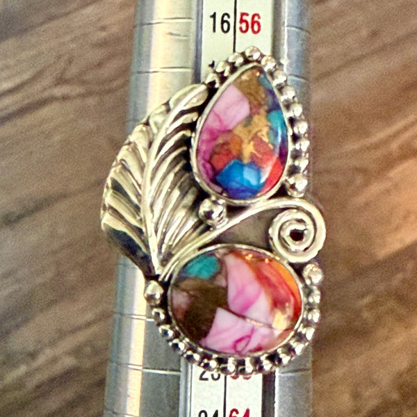 Unique Pink Dahlia Copper Turquoise Statement Ring Southwestern Double Stone 9