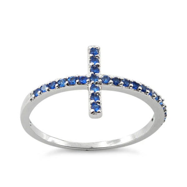 Sterling Silver Cross Blue Sapphire CZ Ring New