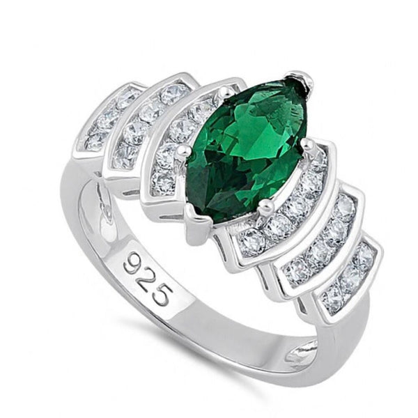 925 Sterling Silver Emerald Green Marquise Cut CZ Statement Cocktail Ring Size 6