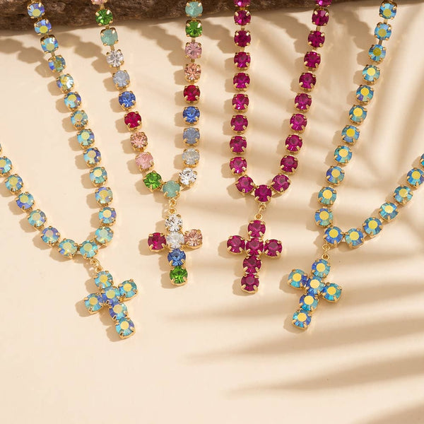 Rhinestone Cup Chain Necklace With Cross Pendant