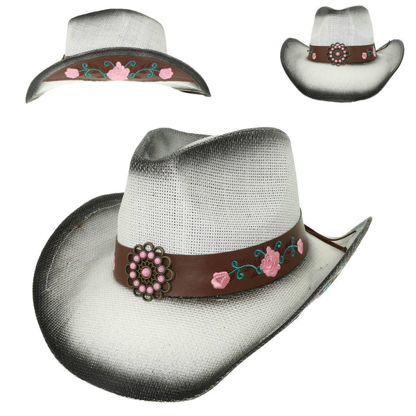 Western Straw Woven Cowboy Hat with Pink Floral