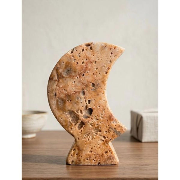 Vintage Natural Travertine Moon Sculpture Hand Carved Stone Crescent Modern Deco