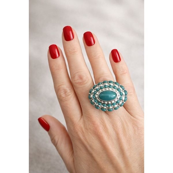 Vintage Turquoise Oval Cluster Ring Silver Southwestern