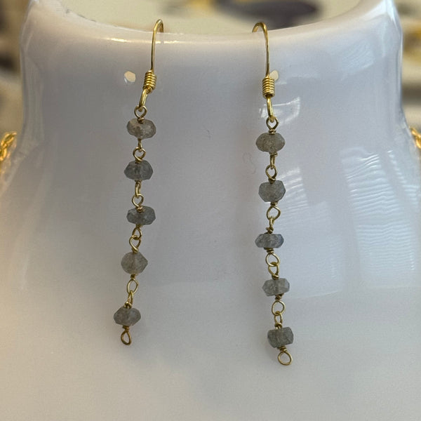 Natural Labradorite 14k Gold Beaded Adjustable Necklace And Dangle Earrings Set