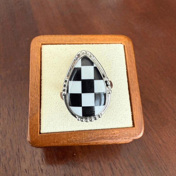 Trendy Southwest Onyx Checkerboard Sterling Silver Ring 8