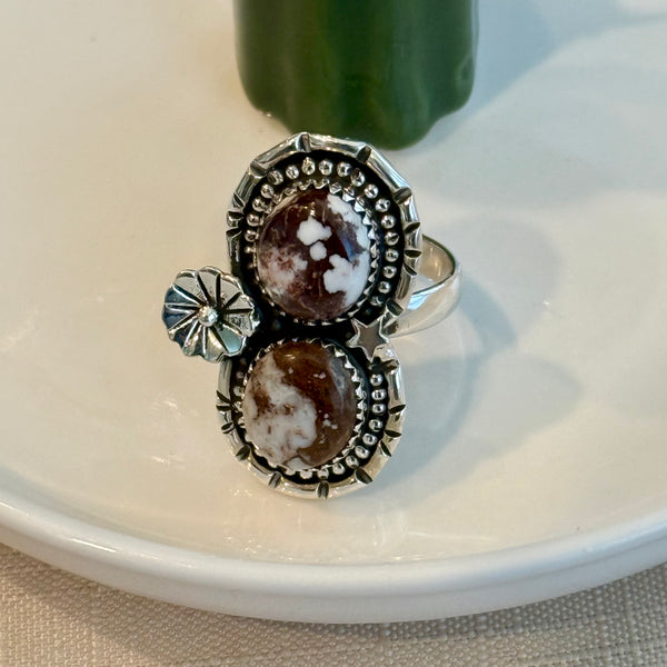 Wild Horse Turquoise Statement Ring Southwestern Double Stone Floral Framed