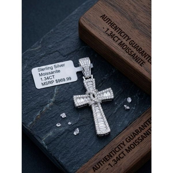 Luxurious 1.34CT Moissanite Baguette Cross Necklace Pendant 925 Sterling Silver