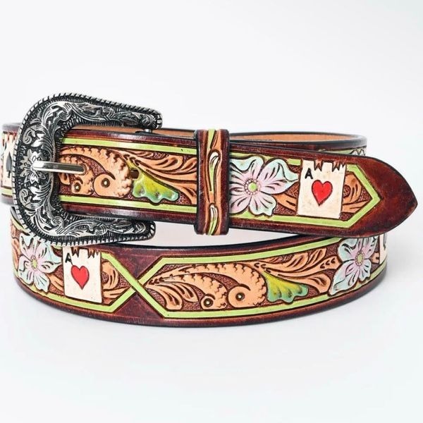 Genuine Leather Western Tooled Ace of Hearts Floral Belt Mens Womens Unisex Sz L