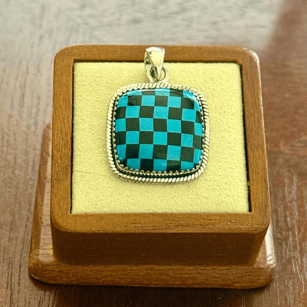 Southwest Kingman Turquoise & Onyx Heart Checkerboard Sterling Silver Necklace
