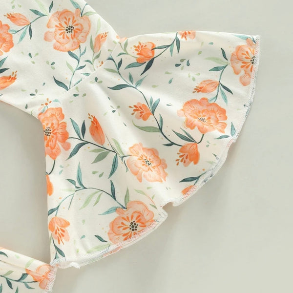 Girls Western Highland Cow Long Sleeve Floral Flare Pants Set