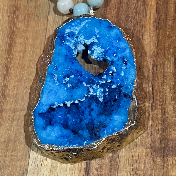 Boho Precious Stone Knotted Irregular Natural Blue Druzy Pendant Long Necklace