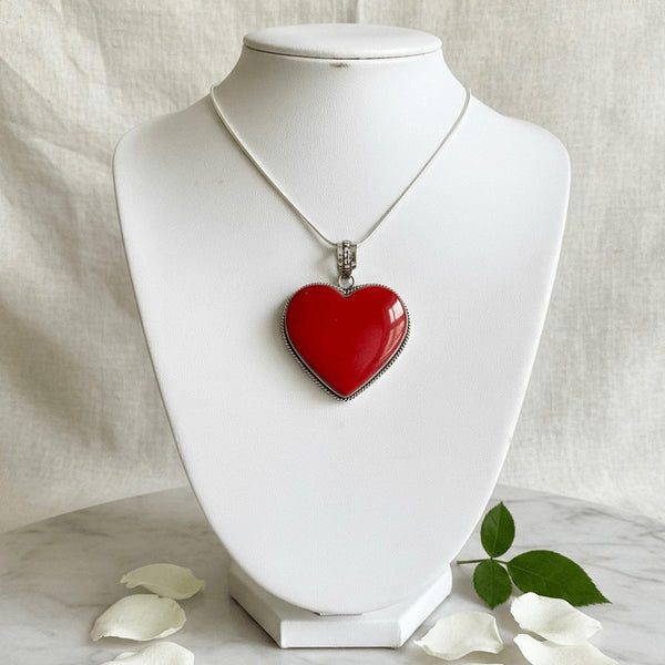 Stunning Red Coral Heart Pendant in Silver Large Romantic Statement Boho Jewelry