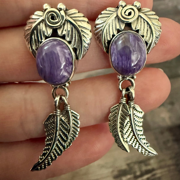 Southwestern Charoite Feather Dangle Earrings Sterling Silver Leaf Framed New