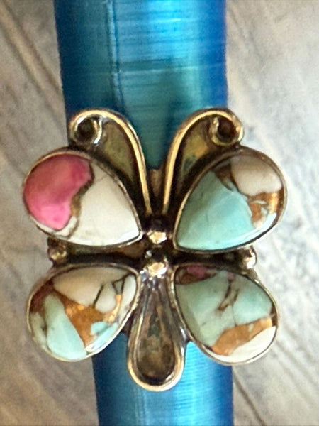 Silver Cotton Candy Turquoise Butterfly Statement Ring Southwestern Size 6 New
