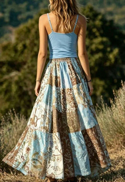 Women's Boho Patchwork Maxi Skirt Long Flowy Blue Brown Floral Bohemian Hippie