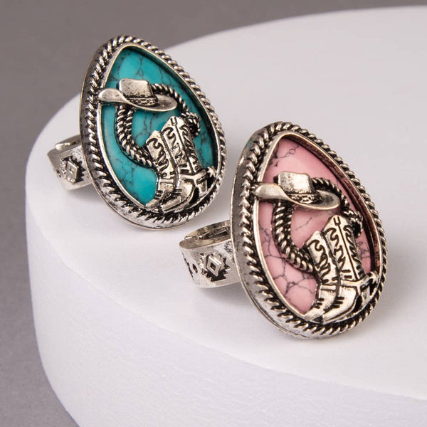 Western Hat & Boot Turquoise Teardrop Stretch Ring