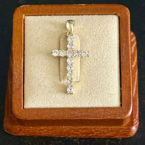 Dainty Gold Vermeil Diamond Simulant Cross Pendant High Polish 18 Inch Necklace