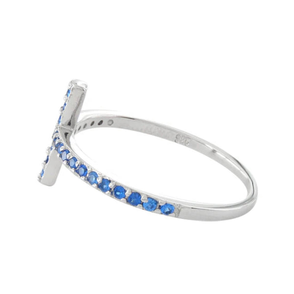 Sterling Silver Cross Blue Sapphire CZ Ring New