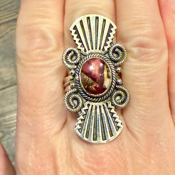 Unique Red Rose Dahlia Turquoise Ring Southwestern Fan Framed Sterling Silver 7