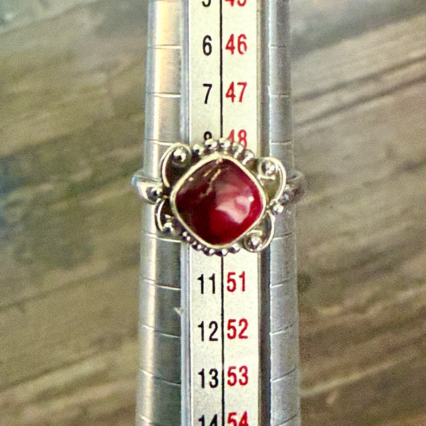 Southwestern Red Rose Dahlia Turquoise Dainty Square Ring Sterling Silver Size 5