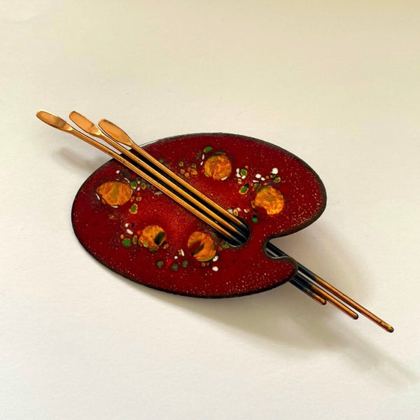 Vintage 50s Matisse Stamped Copper Painters Palette Enamel Artist Brooch Pin