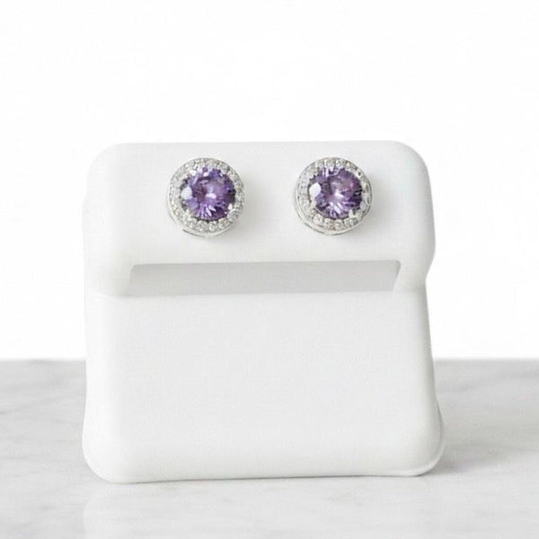 New Amethyst CZ Halo Stud Earrings 925 Sterling Silver Round Brilliant Cut