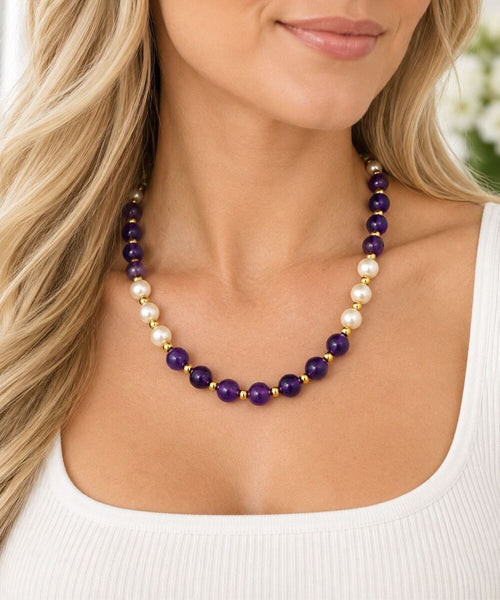 7-8mm Amethyst Pearl Beaded Artisan Necklace 18” Natural Gemstone Jewelry