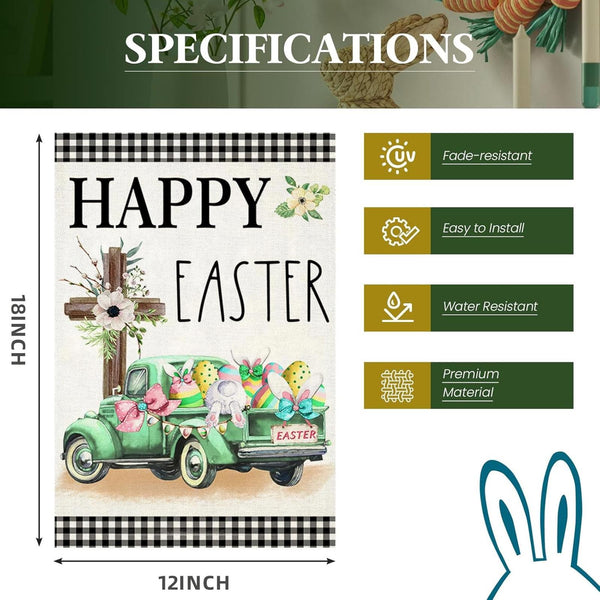 Happy Easter Garden Flag 12X18 Inch Double Sided Buffalo Plaid with Truck Cross