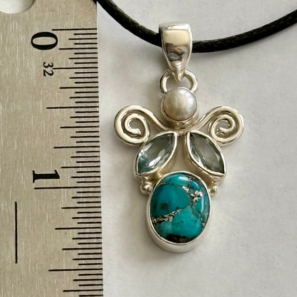 Blue Copper Turquoise Topaz Pearl 925 Sterling Silver Angel Pendant Necklace