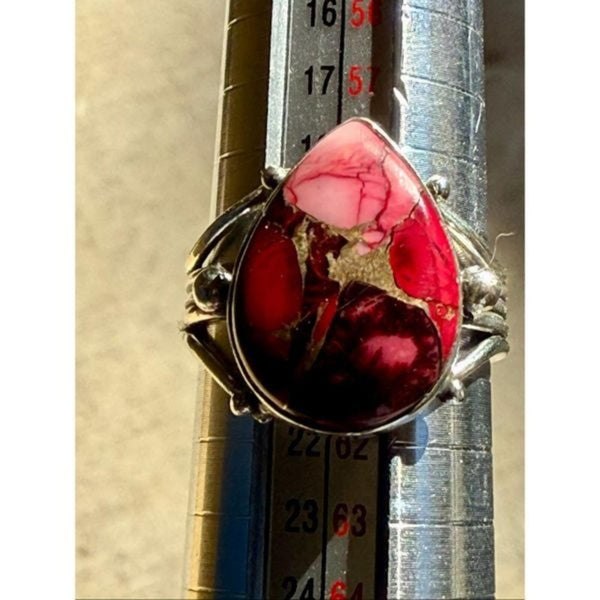 Southwestern Teardrop Red Rose Dahlia Turquoise Statement Ring Silver Size 8