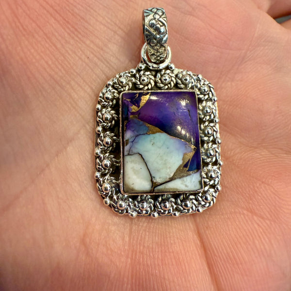 Southwestern Purple Copper Dahlia Turquoise Pendant Floral Sterling Silver