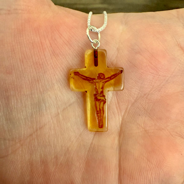 Cognac Amber Carved Cameo Cross Crucifix Pendant Sterling Silver Necklace